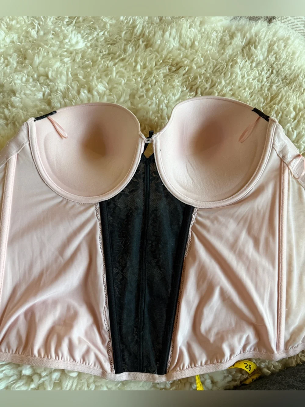 Maidenform 38D corset bustier top pink and black lace strapless sheer mesh